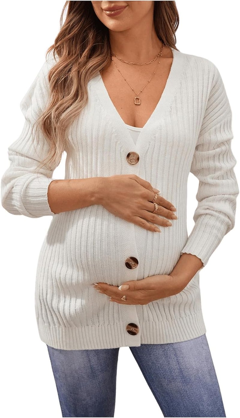 BEAUDRM Store Women's Maternity Cardigan Sweater Textured Button Down Long Sleeve V Neck Sweater Tops - Image 1